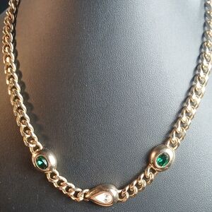 Swarovski Vintage Gold Tone Link Necklace Green & Clear Crystal Stations 16.5"